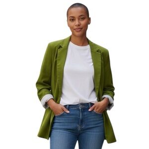NWOT Halston Linen Blend Muted Chartreuse Green Open Casual Blazer Medium